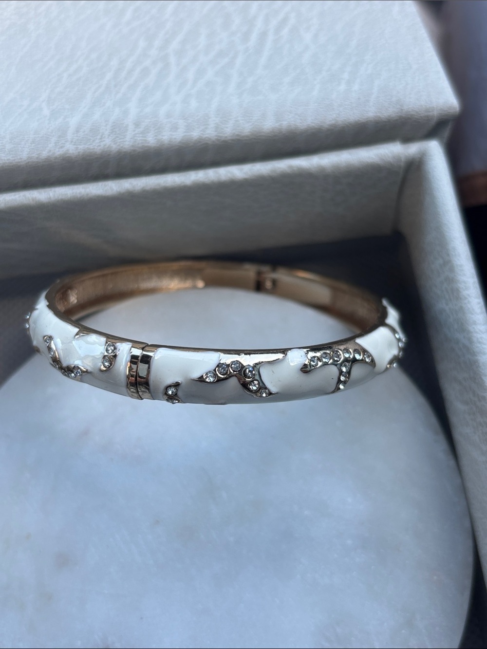 White Enamel and Crystal Hinged Bangle Bracelet - Women Jewelry